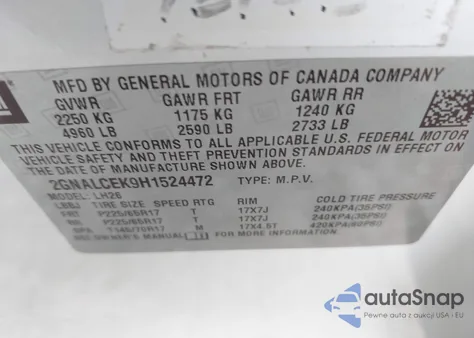 2017 Chevrolet Equinox Lt z USA, uszkodzony, nr VIN 2GNALCEK9H1524472